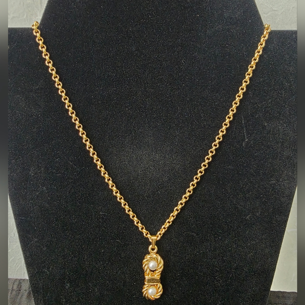 Auth CELINE PEARL Gold Necklace